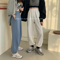 Sweatpants အမျိုးသမီး ပေါင်း ကတ္တီပါ အထူ ဝေဘောင်းဘီ ကိုရီးယား အပွ ခြေရှုံ့ ဘောင်းဘီ ဆောင်းဦးရာသီနှင့်ဆောင်းရာသီ တရာ ယူ သိသိသာသာခါး ပိန်သော ပေါ့ပေါ့ပါးပါးဘောင်းဘီ